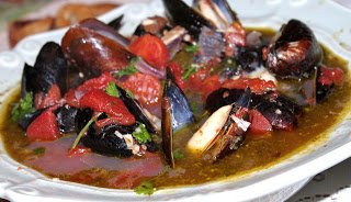 Steamed Mussels in Basil Pesto and Red Wine Broth