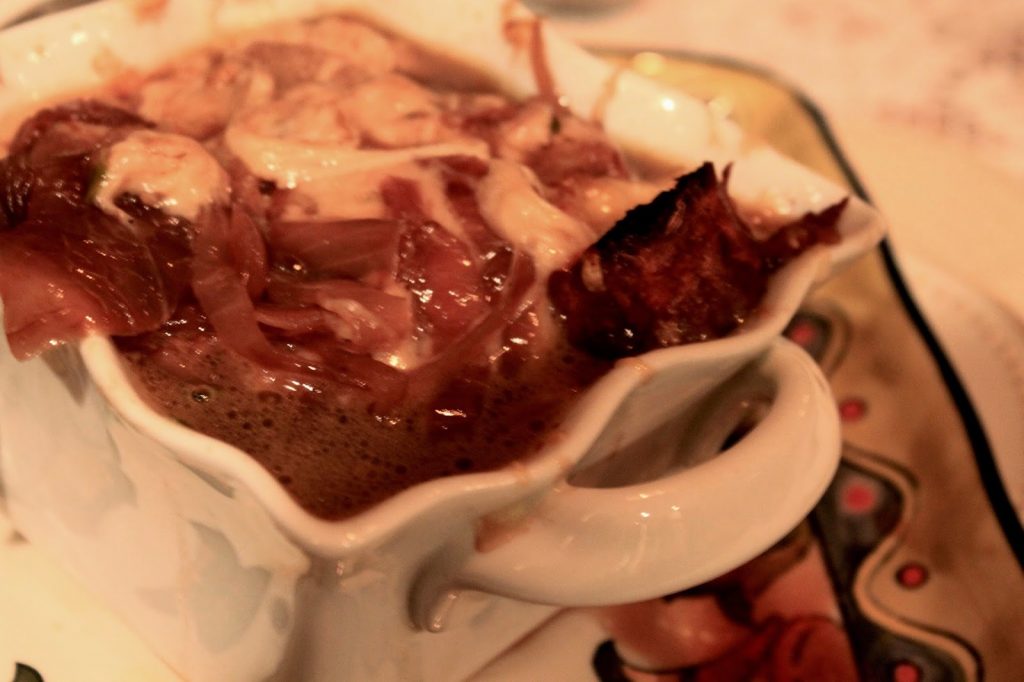 French Onion Soup with Herbs, Red Wine and Mushrooms
