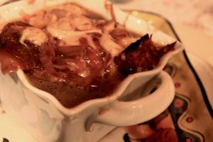 French Onion Soup with Herbs, Red Wine and Mushrooms