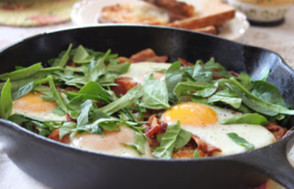 Cheesy Skillet Hash Browns with Fresh Eggs and Spinach