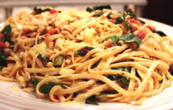 Spicy Linguine with Swiss Chard and Mint Pesto